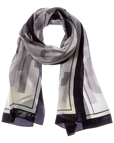 Jimmy Choo Logo Silk Scarf In Silver