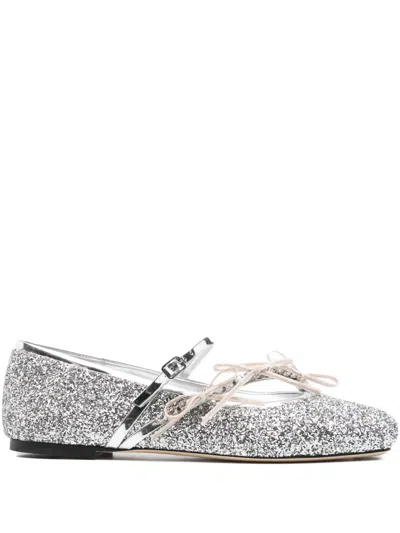 JIMMY CHOO LOLI GLITTERED BOW-DETAIL BALLET FLATS