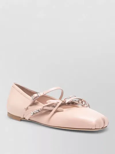 Jimmy Choo Loli Leather Ballet Flats Crystal Strap Bow In Pink