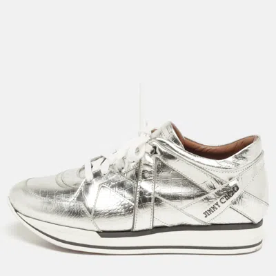 Pre-owned Jimmy Choo London Size 38 Silver Croc Embossed Leather Lace Up Sneakers