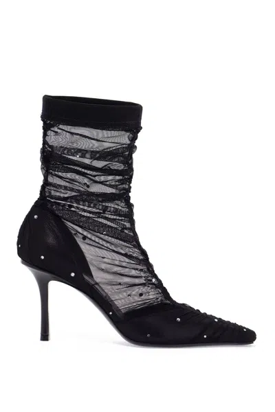 Jimmy Choo Lotta Ab 85 Crystal-embellished Tulle And Satin Sock Boots In Black