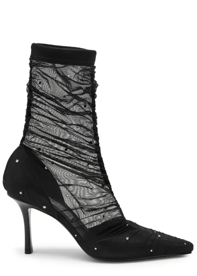 Jimmy Choo Lotta 85 Embellished Mesh Sock Boots In Black