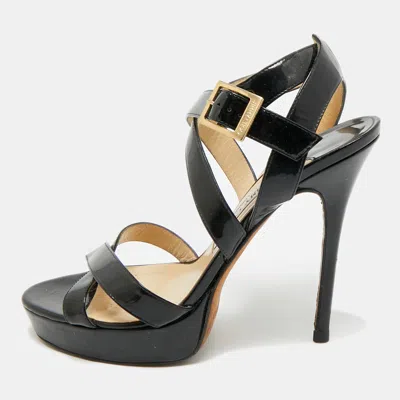 Pre-owned Jimmy Choo Louise Size 39 Black Patent Leather Ankle Strap Sandals