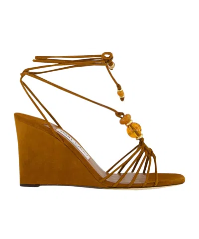 Jimmy Choo Lova Bead-embellished Suede Wedge Sandals In Brown