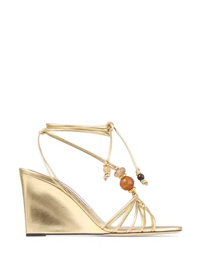 Jimmy Choo Lova 85 Embellished Metallic Leather Wedge Sandals In Gold