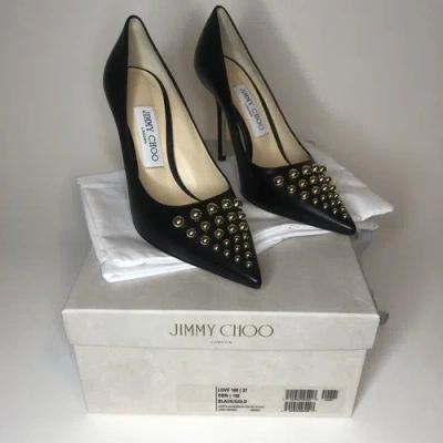 Pre-owned Jimmy Choo Love 100 Black Nappa Leather Heels With Gold Degrade Studs Size 37