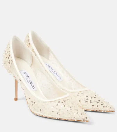 Jimmy Choo Love 85 Beaded Mesh Pumps In White