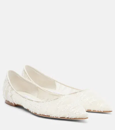 Jimmy Choo Love Embellished Mesh Point-toe Ballet Flats In White