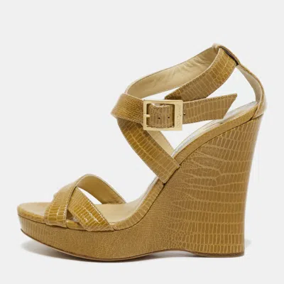 Pre-owned Jimmy Choo Lucia Size 35 Brown Lizard Embossed Leather Wedge Sandals