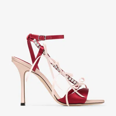 Jimmy Choo Lula Red Heeled Sandals With Crystal Straps And Shaped Bows In Satin Woman In Pink