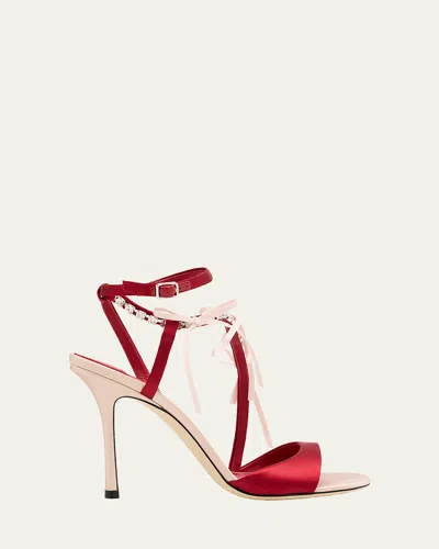 Jimmy Choo Lula Red Heeled Sandals With Crystal Straps And Shaped Bows In Satin Woman In Pink