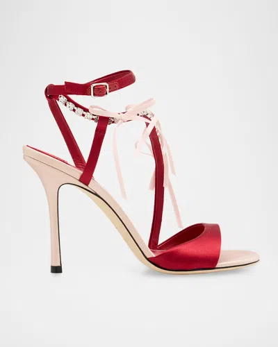 Jimmy Choo Lula Red Heeled Sandals With Crystal Straps And Shaped Bows In Satin Woman In Pink