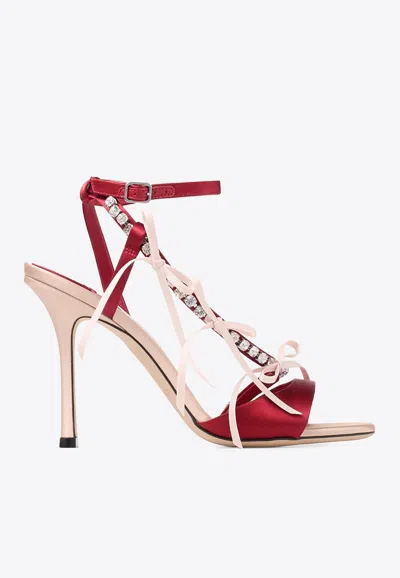 Jimmy Choo Lula Red Heeled Sandals With Crystal Straps And Shaped Bows In Satin Woman In Pink
