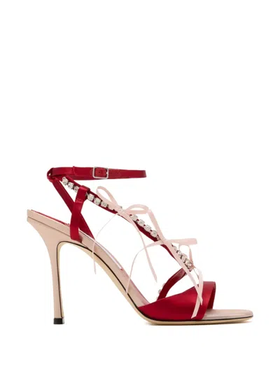 Jimmy Choo Lula Red Heeled Sandals With Crystal Straps And Shaped Bows In Satin Woman In Pink