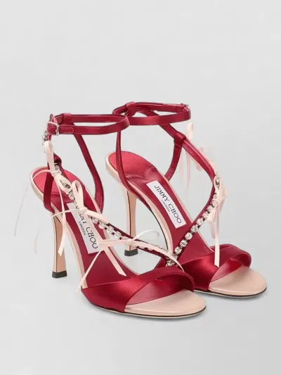 Jimmy Choo Lula Red Heeled Sandals With Crystal Straps And Shaped Bows In Satin Woman In Pink