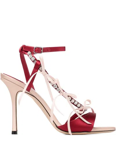 Jimmy Choo Lula Red Heeled Sandals With Crystal Straps And Shaped Bows In Satin Woman In Pink