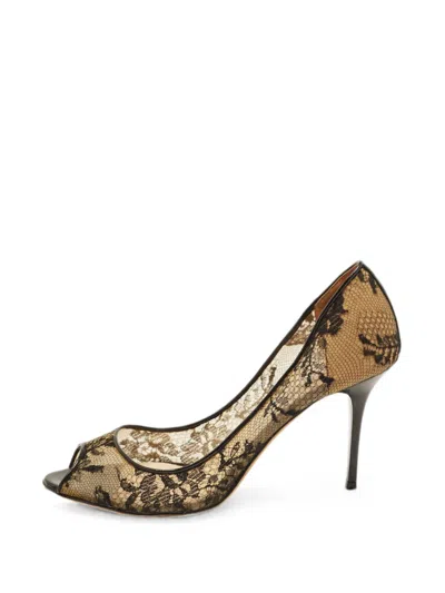 Pre-owned Jimmy Choo Luna Lace-appliqué Peep-toe Pumps In Black