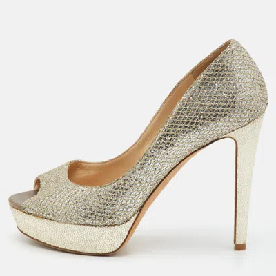 Pre-owned Jimmy Choo Luna Size 37 Metallic Glitter Platform Peep Toe Pumps In Silver