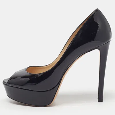 Pre-owned Jimmy Choo Luna Size 37.5 Black Patent Leather Peep Toe Pumps