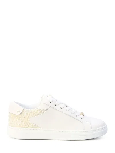 JIMMY CHOO LUXURIOUS WHITE CALFSKIN PEARL SNEAKERS FOR WOMEN FROM SS24 COLLECTION