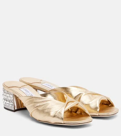 Jimmy Choo Mala 45 Metallic Leather Embellished Block-heel Sandals In Gold