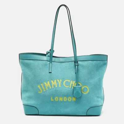 Jimmy Choo Malibu Green Towelling Fabric Logo Tote In Blue