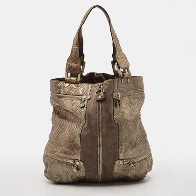 Pre-owned Jimmy Choo Mandah Expandable Beige/brown Suede And Snakeskin Hobo In Sand