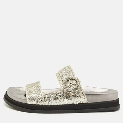 Pre-owned Jimmy Choo Marga Size 41 Silver Glitter And Leather Crystal Embellished Flat Sandals