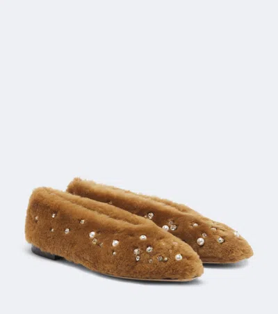 Jimmy Choo Margot Embellished Shearling Ballet Flats In Brown