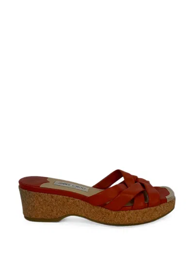 Pre-owned Jimmy Choo Maribou 50 Platform Wedge Sandals In Red