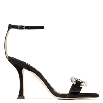 Jimmy Choo Marsai 90 Suede Crystal-buckle Sandals In Black