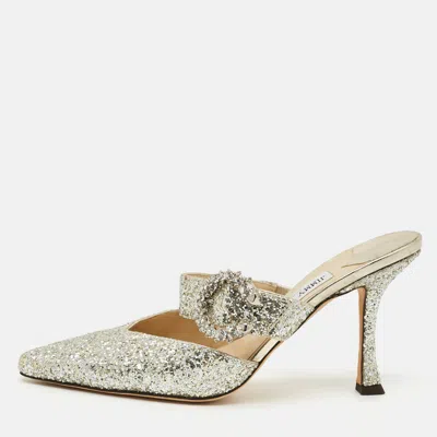 Pre-owned Jimmy Choo Marta Size 39 Metallic Silver Glitter Crystal Embellished Mules