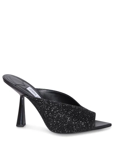 JIMMY CHOO MARYANNE 100 GLITTER BLACK SANDALS