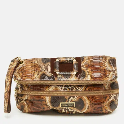 Pre-owned Jimmy Choo Mave Foldover Brown Python And Suede Wristlet Clutch