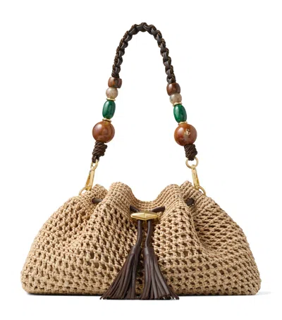 Jimmy Choo Medium Raffia Crochet Cinch Bucket Bag In White