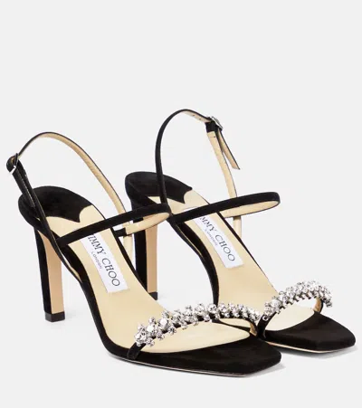 Jimmy Choo Meira 85 Embellished Suede Sandals In Black/crystal