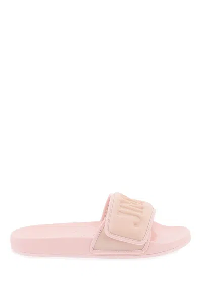 Jimmy Choo Men's Fitz Lycra Slide Sandals With Printed Logo And Leather Trims In Pink