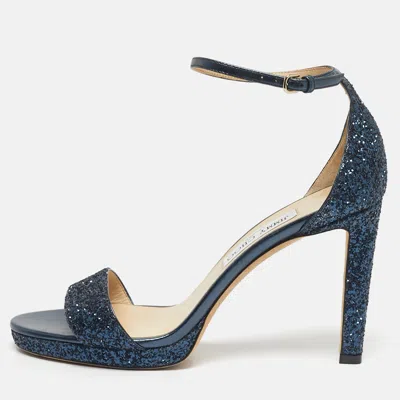 Pre-owned Jimmy Choo Metallic Blue Glitter And Leather Ankle Strap Sandals Size 40 In Silver