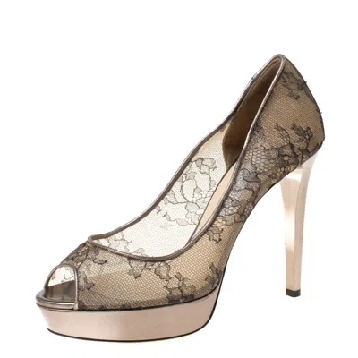 Jimmy Choo Metallic Bronze Lace Dahlia Peep Toe Pumps In Brown