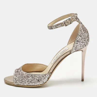 Pre-owned Jimmy Choo Metallic Coarse Glitter Annie Peep Toe Ankle Strap Sandals Size 39 In Silver