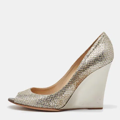 Jimmy Choo Metallic Coarse Glitter Baxen Peep Toe Wedge Pumps In Gold