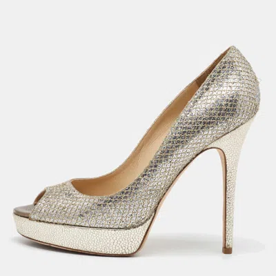 Pre-owned Jimmy Choo Metallic Glitter Dahlia Peep Toe Platform Pumps Size 40