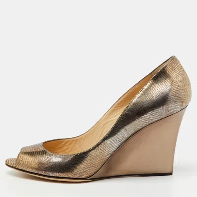 Pre-owned Jimmy Choo Metallic Gold Foil Leather Baxen Peep Toe Wedge Pumps Size 40 In Silver