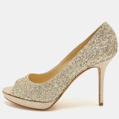 Pre-owned Jimmy Choo Metallic Gold Glitter Dahlia Platform Peep Toe Pumps Size 38.5