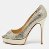 Jimmy Choo Metallic Gold Glitter Fabric Dahlia Peep Toe Platform Pumps In Multi
