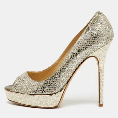 Pre-owned Jimmy Choo Metallic Gold Glitter Fabric Dahlia Peep Toe Platform Pumps Size 38.5 In Silver
