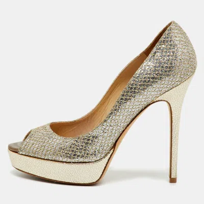 Pre-owned Jimmy Choo Metallic Gold Glitter Luna Peep Toe Platform Pumps Size 38.5