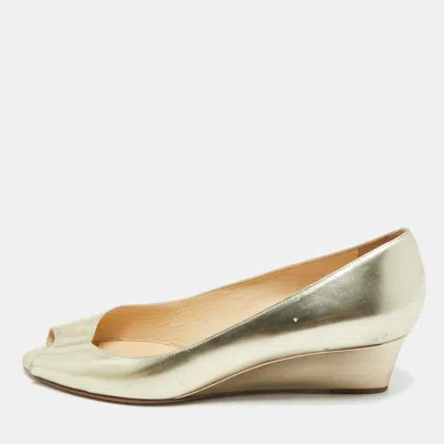 Pre-owned Jimmy Choo Metallic Gold Leather Baxen Wedge Peep Toe Pumps 39