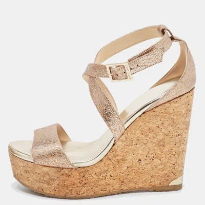 Jimmy Choo Metallic Gold Leather Cork Wedge Sandals In Brown