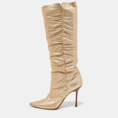 Pre-owned Jimmy Choo Metallic Gold Leather Knee Length Boots Size 41